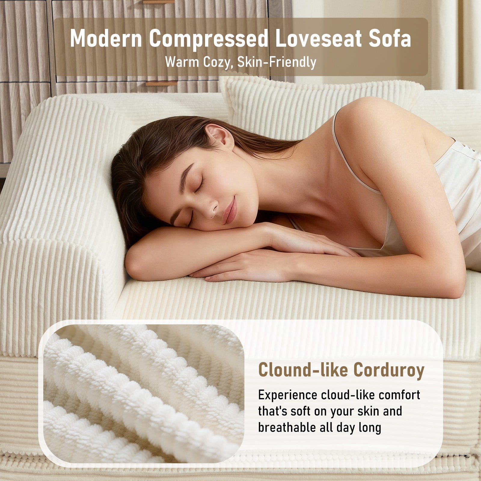 Convertible Sleeper Sofa Bed In Beige With Corduroy Fabric_voghion.com